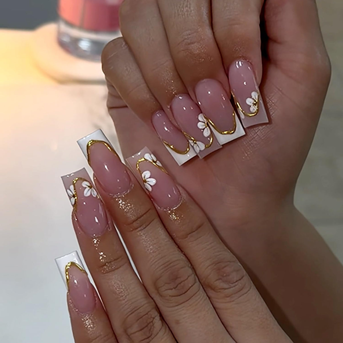 Black French Tip Press On Nails Almond Stiletto, Nude Glossy Fake Nails