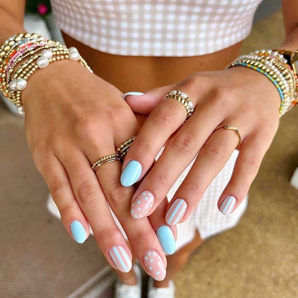 Foccna Press on Nails Almond Fake Nails with Gold Line Design Glue on Nails Acrylic Nails Glossy Full Cover Stick on Nails for Women 24Pcs