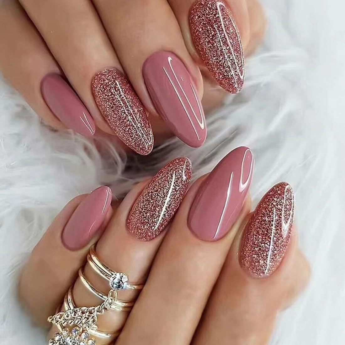 Ombre Almond Press on Nails Pink White Short Medium Fake Nail with Bling Designs Stick on fake on Nail for Wedding Manicure Classy for Women Gel Full Cover 24 Pcs