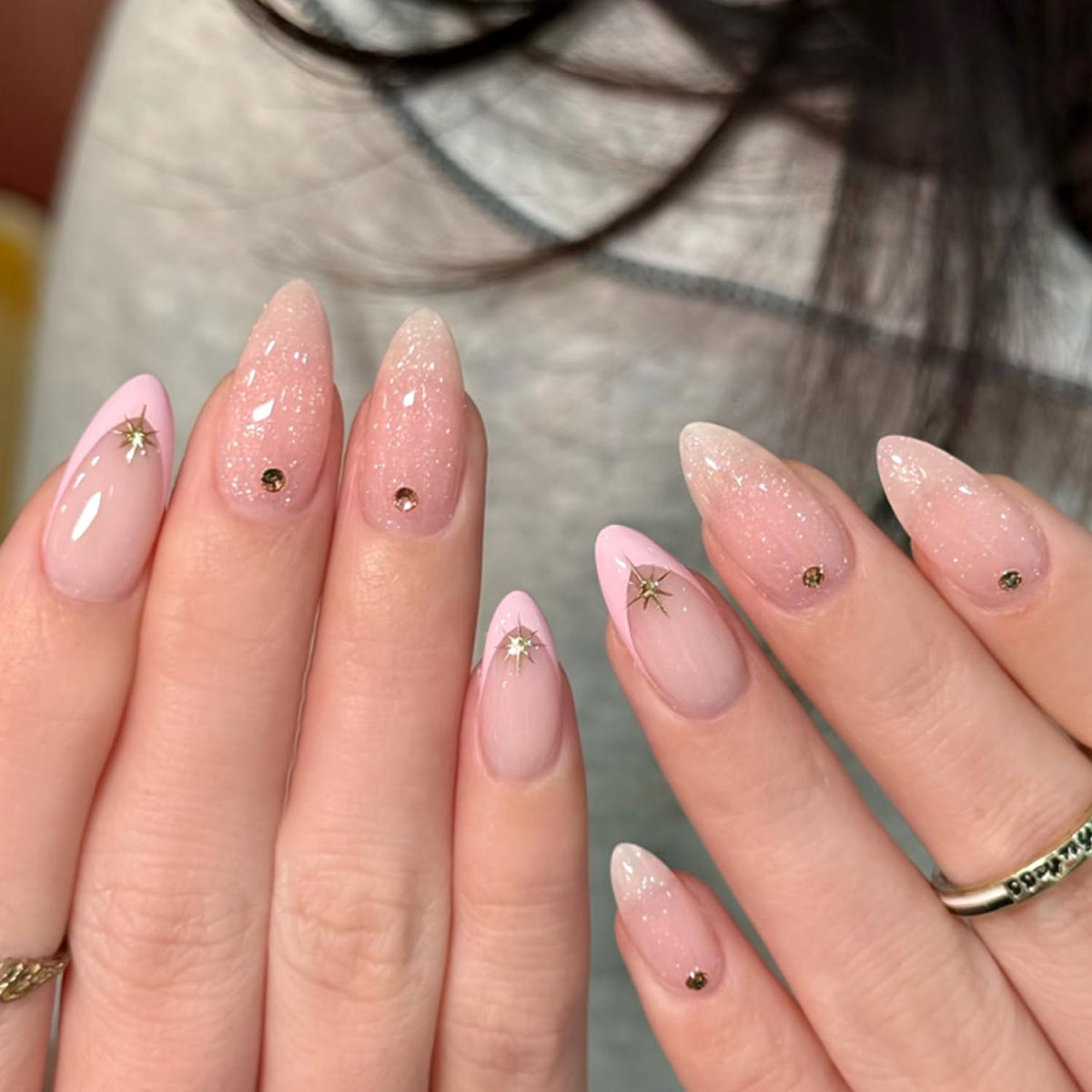 Black French Tip Press On Nails Almond Stiletto, Nude Glossy Fake Nails
