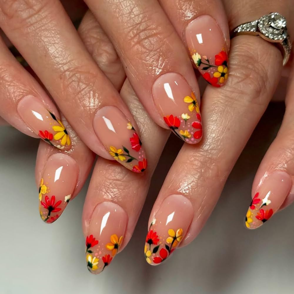 White Flower Press on Nails French Tip Fake Nails Medium Almond False Nails Glossy Artificial Stick on Nails Full Cover Acrylic Nails for Women Manicure 24Pcs