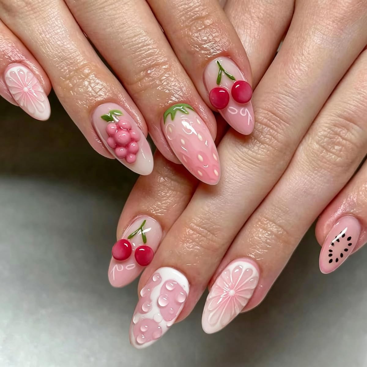 Medium Almond Press on Nails - White French Tip with 3D Flower Rhinestones