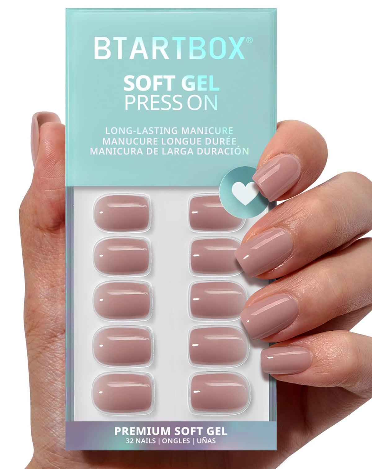 BTArtbox Press On Nails, Short Square Pink Fake Nails, 32Pcs Full Kit
