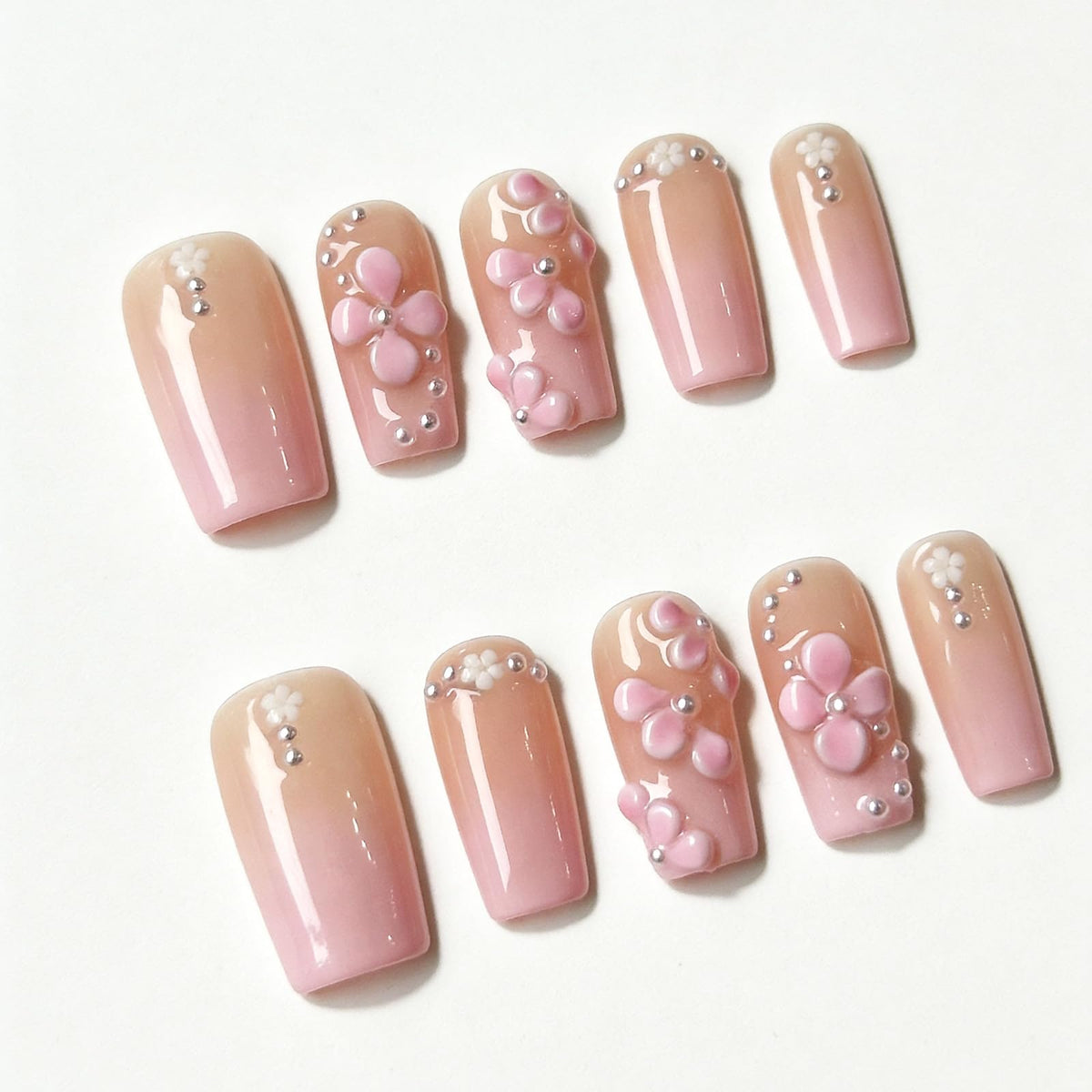 Nude Gradient Long Square Handmade French Tip Press On Nails