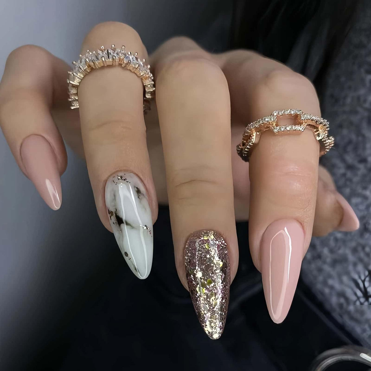 Lace Print Short Almond Press On Nails with 3D Rhinestones 24Pcs