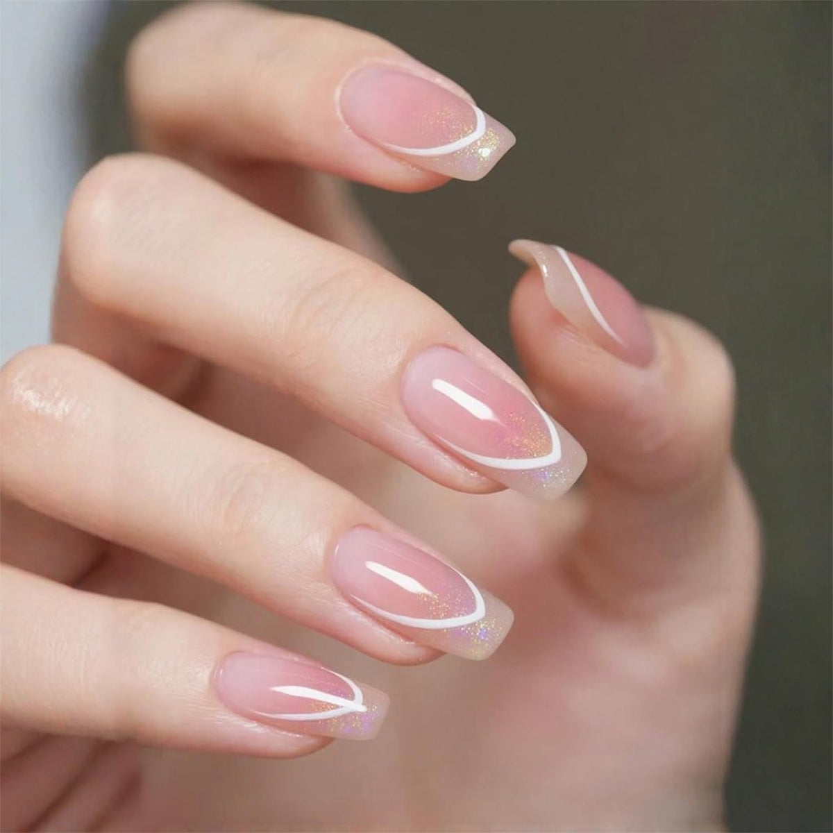 Glossy Nude Gold French Tip Press On Nails Short Almond, 30 PCS