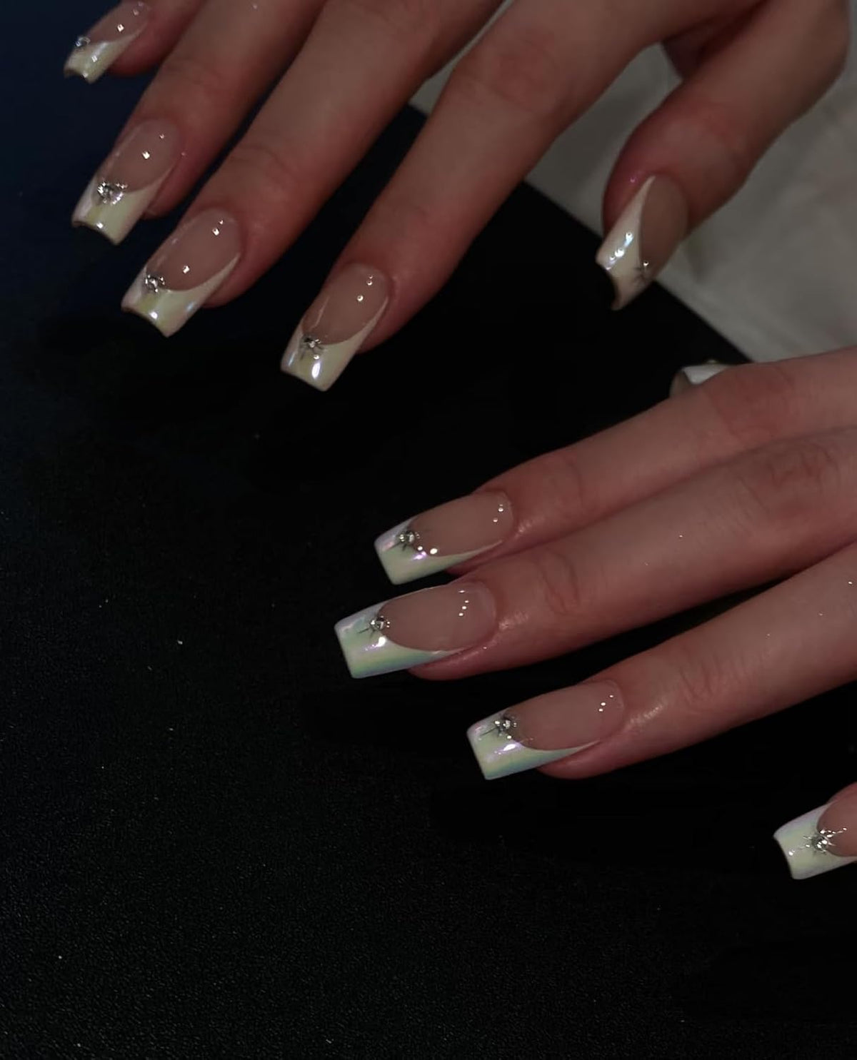 CurvLife Long French Tip Press On Nails, Pearl Rhinestones, Soft Gel