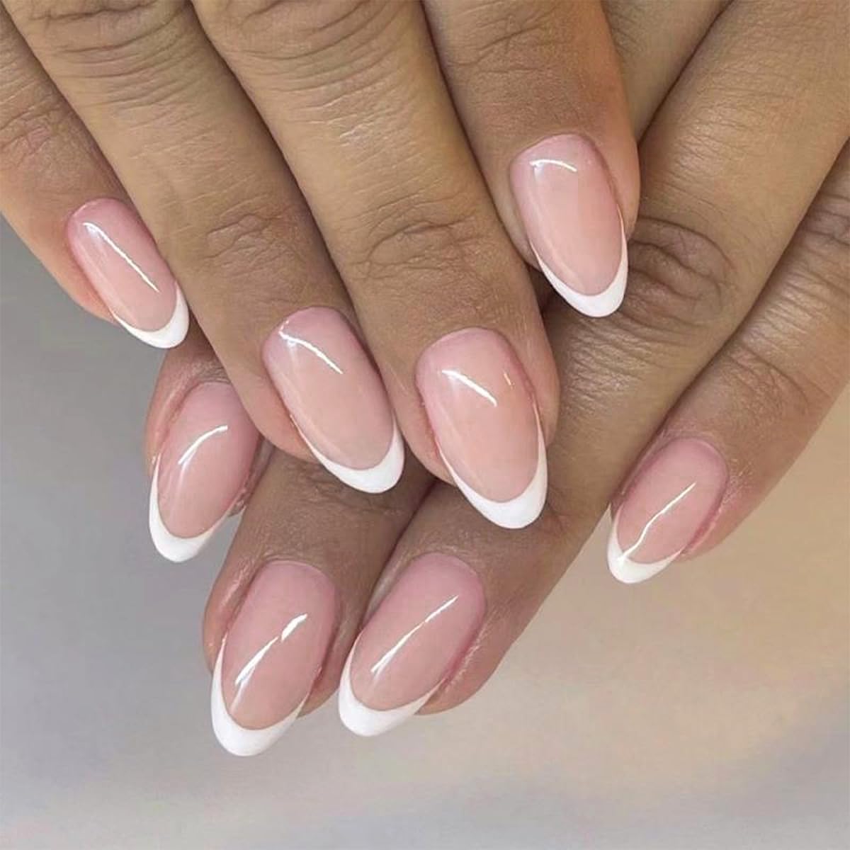 Press On Nails Almond Fake Nails French Tip False Nails Press ons Medium Glue on Nails with Chrome Design for Women Stick on Nail 24Pcs