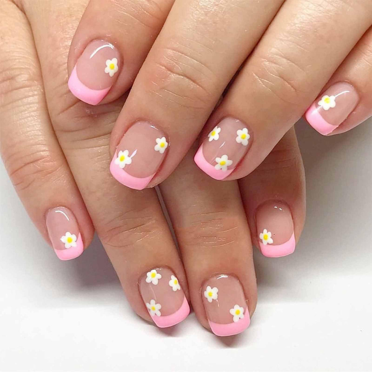 Green Press on Nails Medium Almond Fake Nails with 3D Pearl Rhinestones Designs Gold French Tips Flower Acrylic Nails False Nails White Floral Full Cover Glossy Stick on Nails for Women 24Pcs