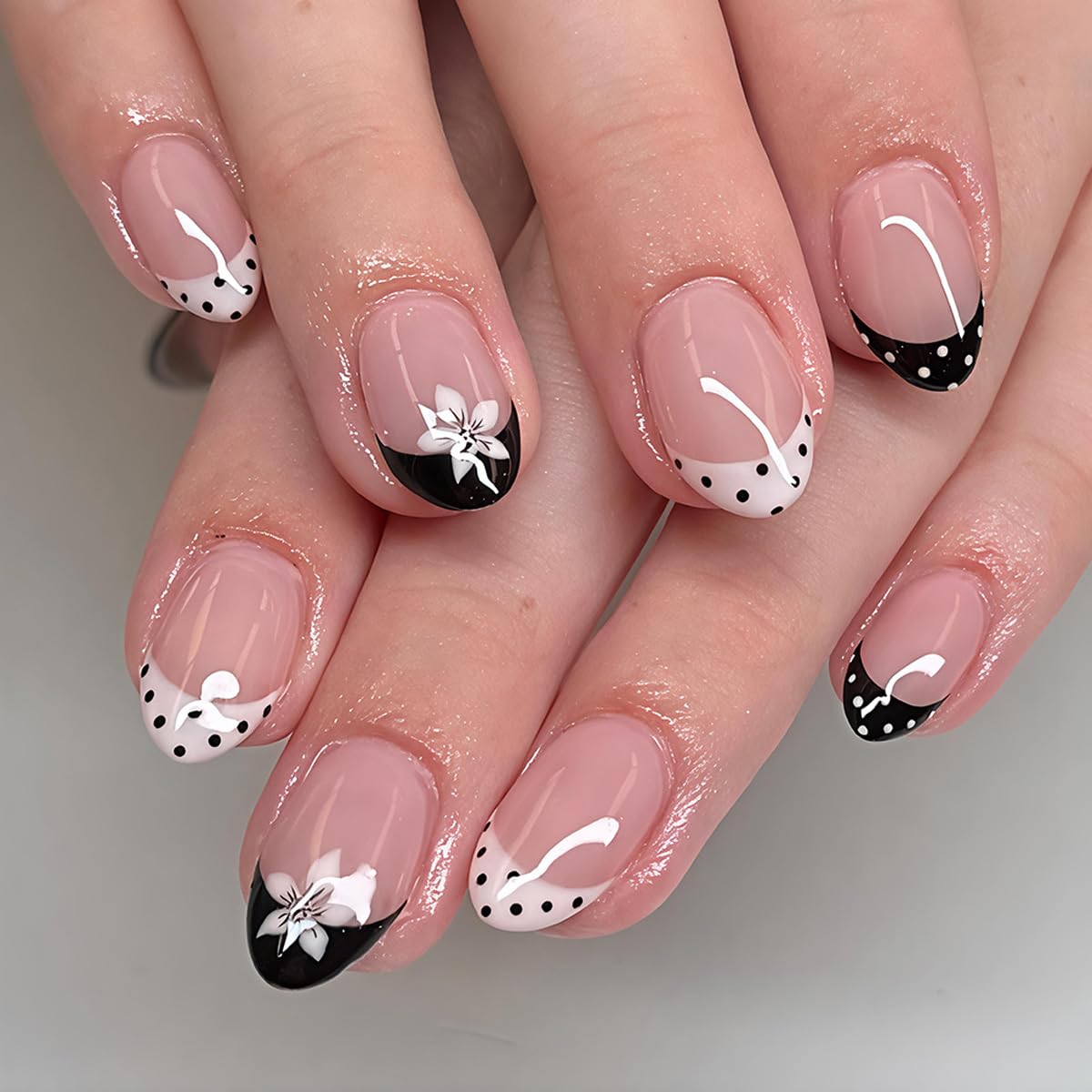 Medium Almond Press on Nails - White French Tip with 3D Flower Rhinestones