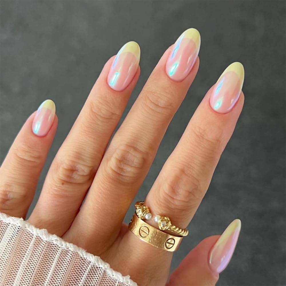 Minimal Luxury Gold Wave Press On Nails Medium Almond, PUNSOKO Nude Pink Fake Nails with 3D Gold Chrome French Tips, Long Lasting Reusable 24 PCS Acrylic Nails Kit for Women Daily Wear