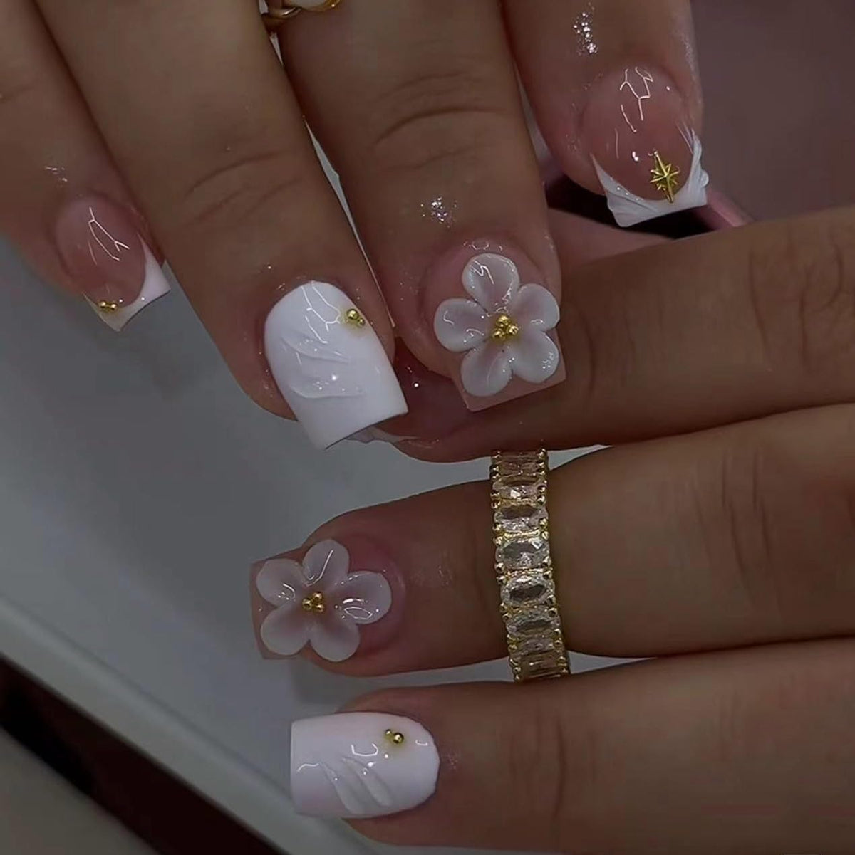 Short Square Press on Nails French Tip | Acrylic White Flower False Nails with Gold Rhinestones Design, Glossy Press Ons Stick on Glue on Nails for Women 24Pcs