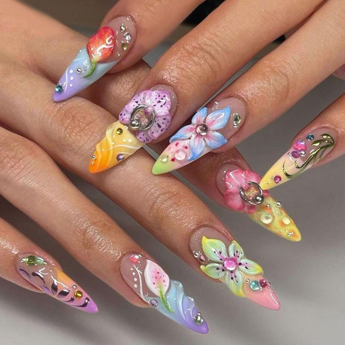 Green Press on Nails Medium Almond Fake Nails with 3D Pearl Rhinestones Designs Gold French Tips Flower Acrylic Nails False Nails White Floral Full Cover Glossy Stick on Nails for Women 24Pcs