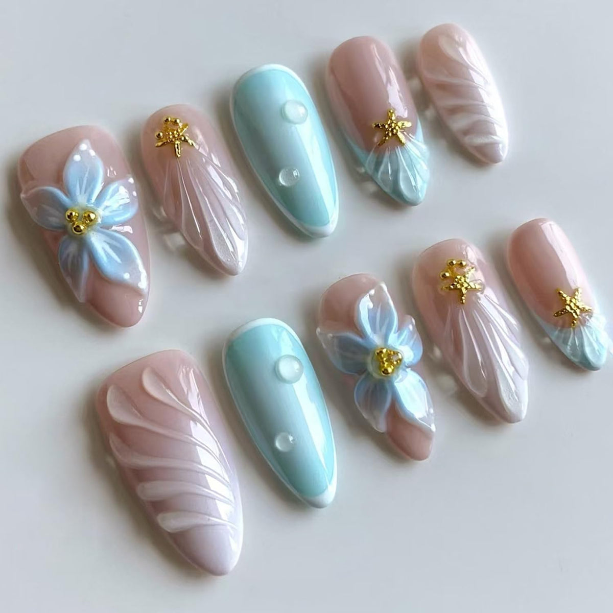 30Pcs Gold Star Moon Press on Nails Long Stiletto French Tip Fake Nails Press on 3D Chrome Gold Design Sun False Nails Irregular Gilded Lines Full Cover Purple Glossy Artificial Acrylic Nail for Women