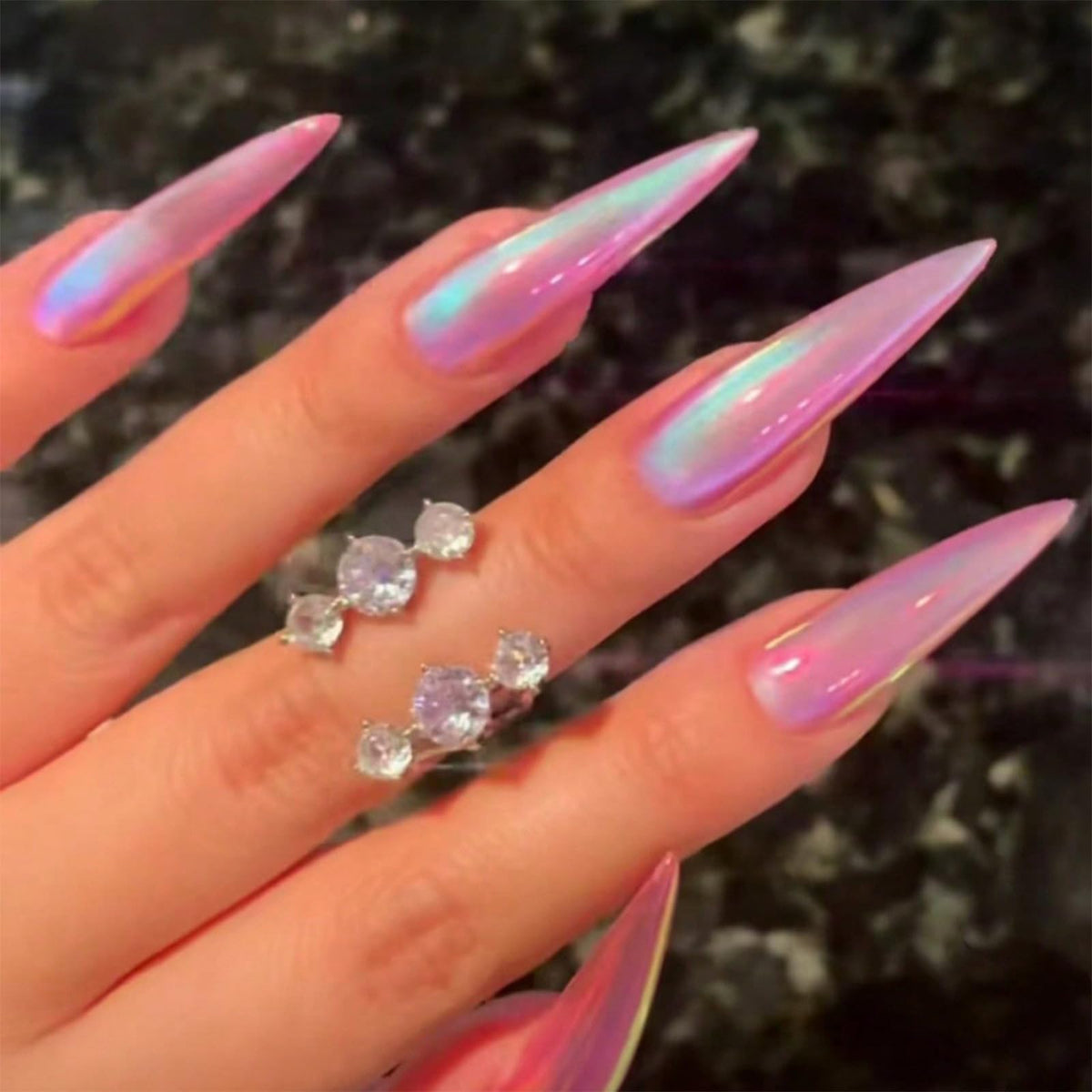 SINHOT Stiletto Press on Nails Long Fake Nails Glossy Glue on Nails Luxury Rhinestones Acrylic Nail White Bling Glitter Almond Artificial Nail Stick on False Nail with Design 24pcs