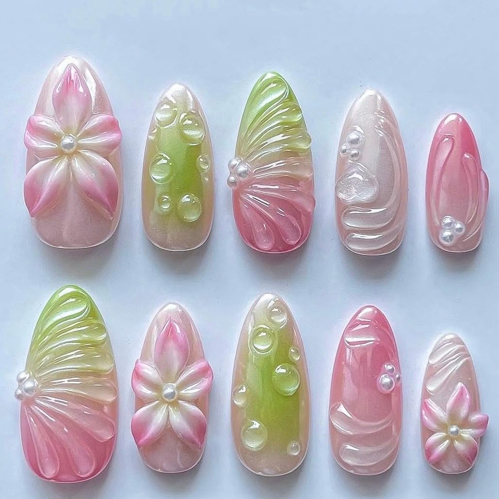 Green Press on Nails Medium Almond Fake Nails with 3D Pearl Rhinestones Designs Gold French Tips Flower Acrylic Nails False Nails White Floral Full Cover Glossy Stick on Nails for Women 24Pcs