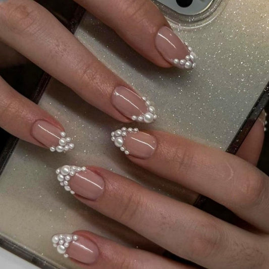 French Tip Press on Nails Medium Almond Fake Nails White Pearl False Nail Tips Summer Wedding Acrylic Nails Glossy Beach Glue on Nails Reusable Cute Stick on Nails for Women Manicure