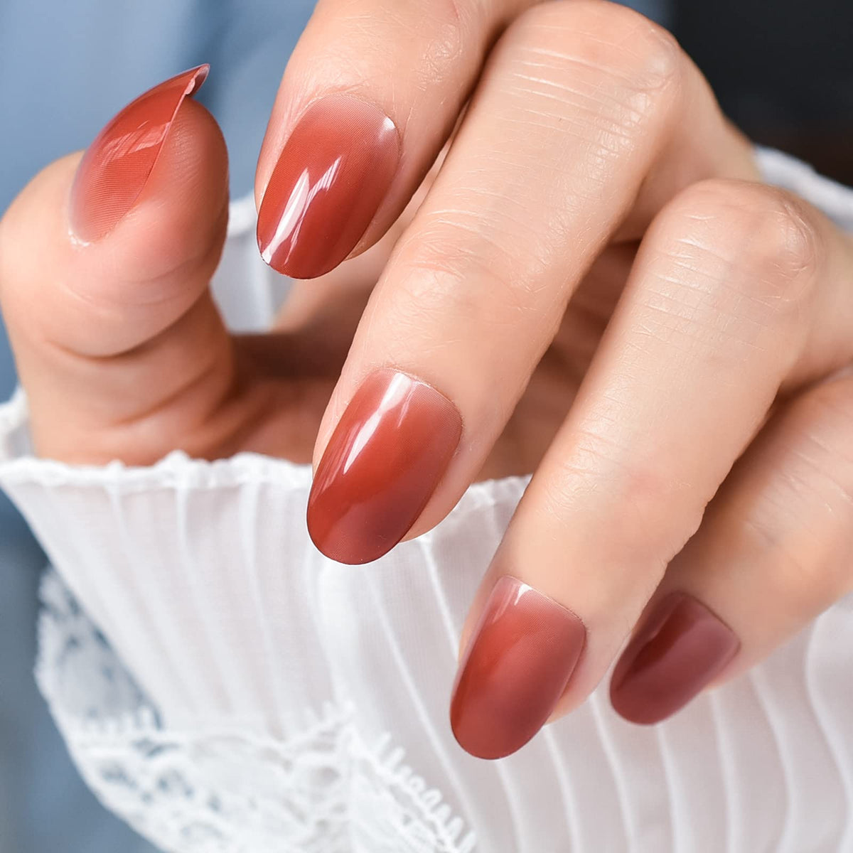 EchiQ Press On Nails Pearl Shine Pink French Nail White Round Fake Nails Short Glossy Satin Artificial Lady Fingernails with Adhesive Tabs