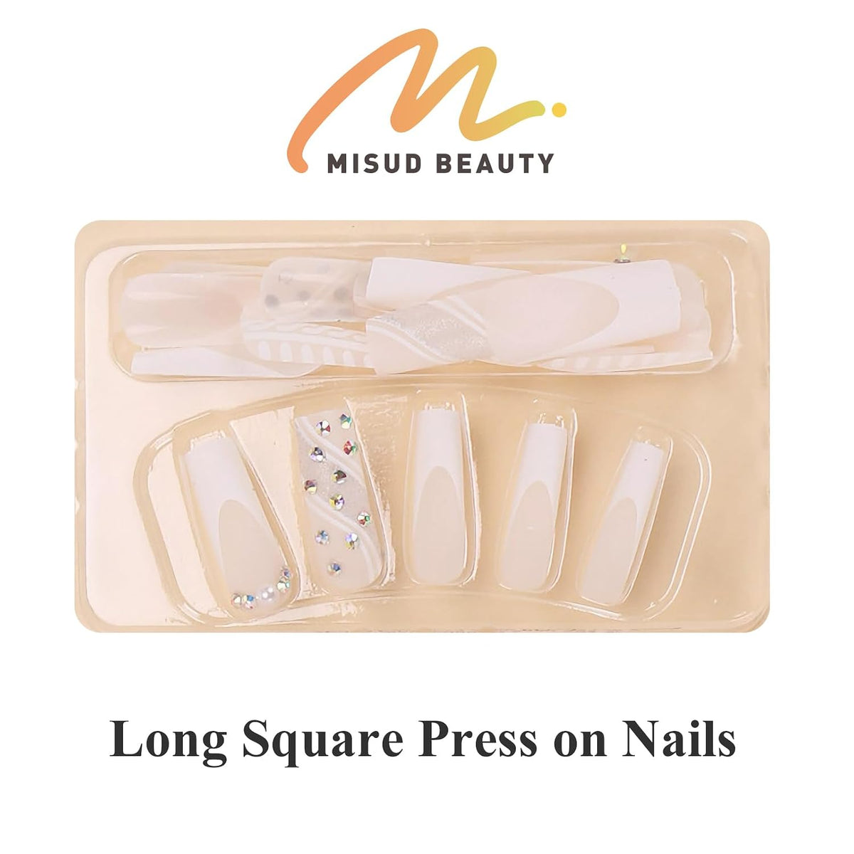 MISUD Press on Nails - Long Square Glue on Nails with White Bridal, Acrylic Wedding Bride Design 24 pcs