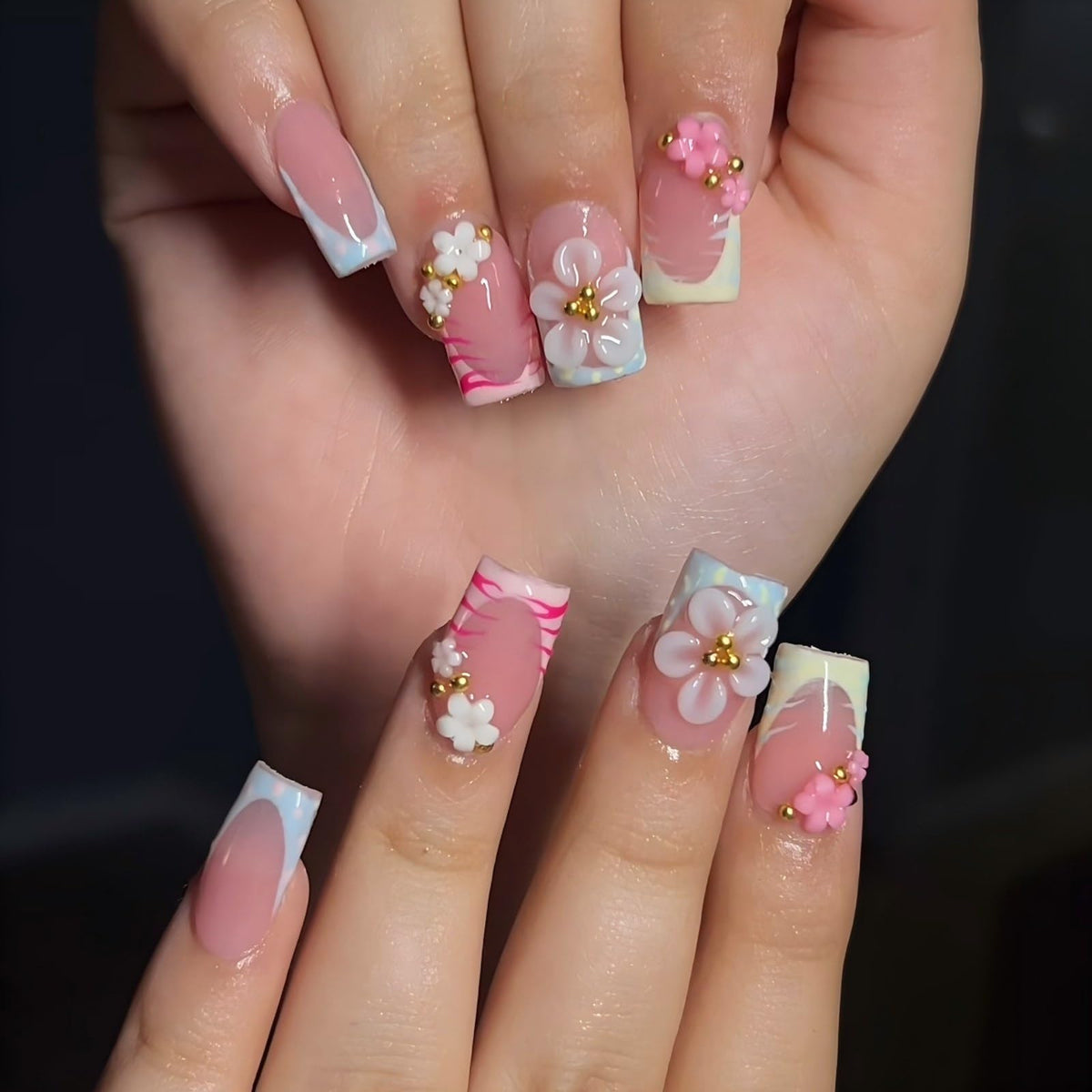 Almond Press on Nails Medium Fake Nails with 5D Metal Lines Charm Design Glossy Pink Nails Press on Curve Glue on Nails Reusable Luxury Silver Beads Acrylic Nail for Women 24Pcs
