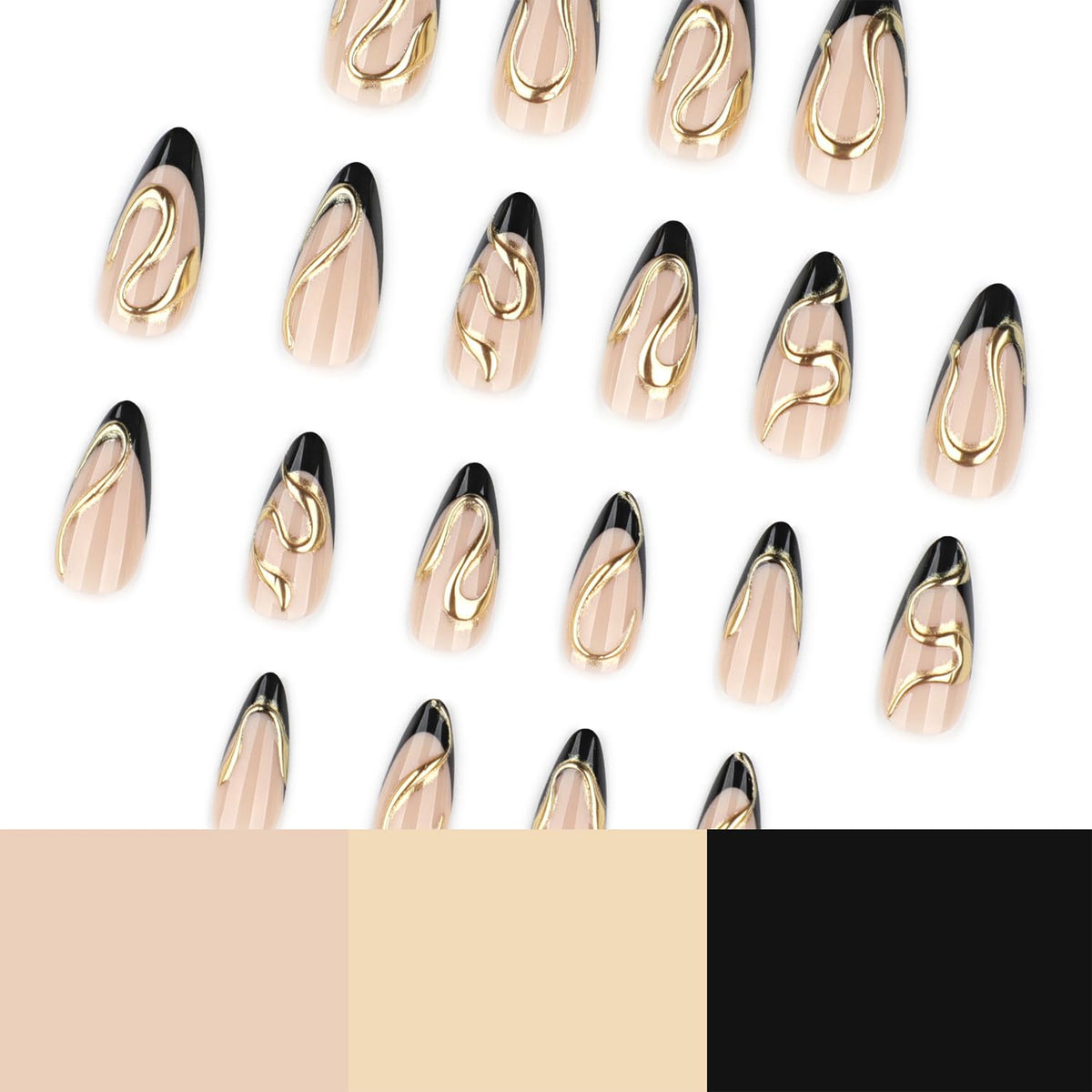 Black French Tip Press On Nails Almond Stiletto, Nude Glossy Fake Nails