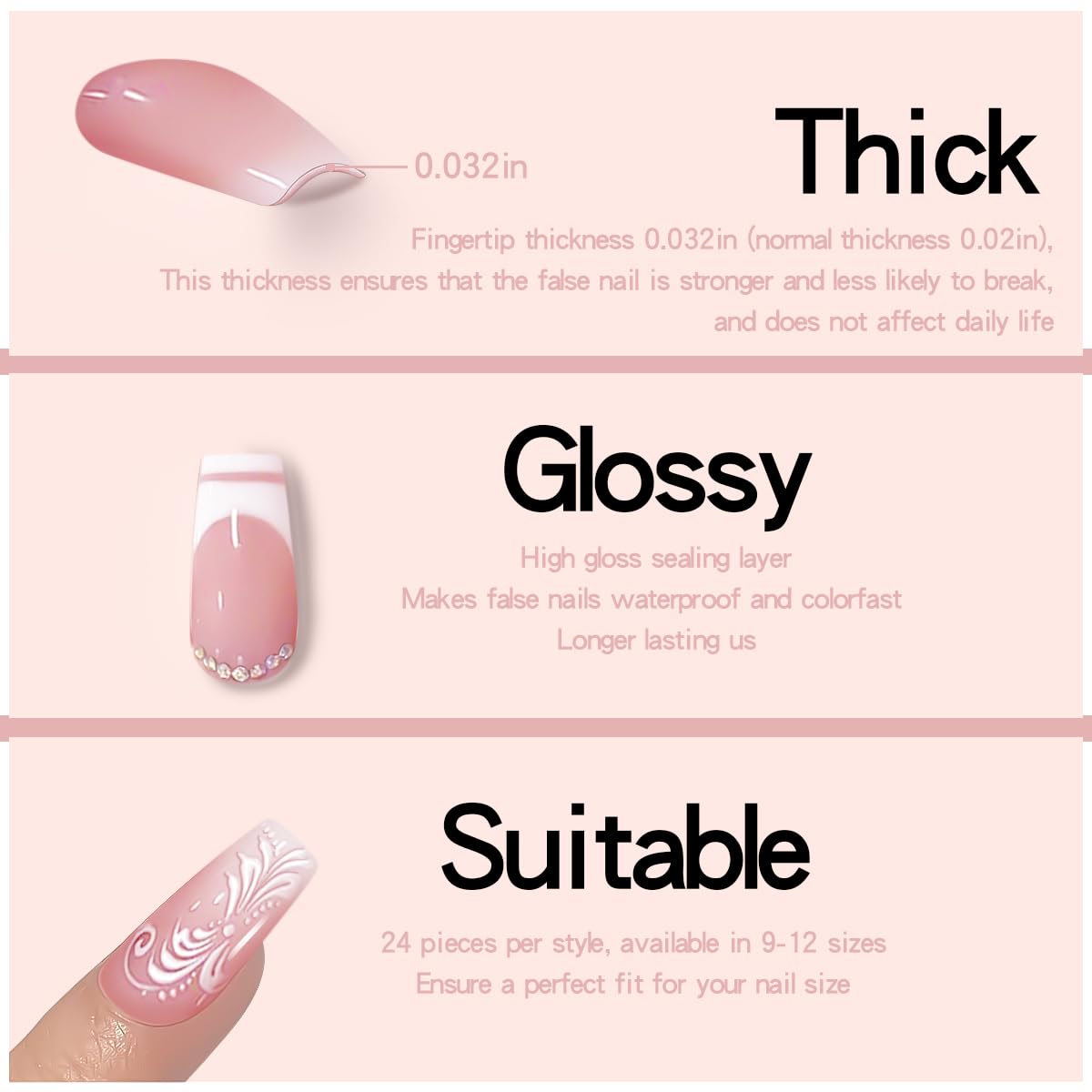 24 Pcs Bling Press on Nails Medium Length With White Flower Glue Glitter Rhinestones Fake Nails Acrylic Ballerina on Nails Press ons Design Coffin French Tip False Nails for Women and Girls