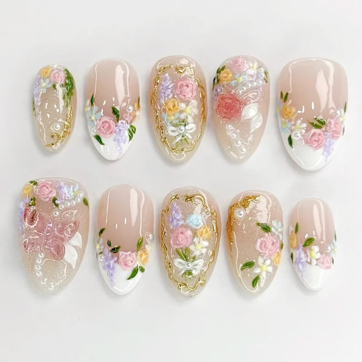 24Pcs White French Tip Press on Nails Medium Almond Fake Nails with Silver Rhinestones with Nude Pink Full Cover Glue on Nails French Designs 3D Flower False Nails Cute Spring Stick on Nails for Women