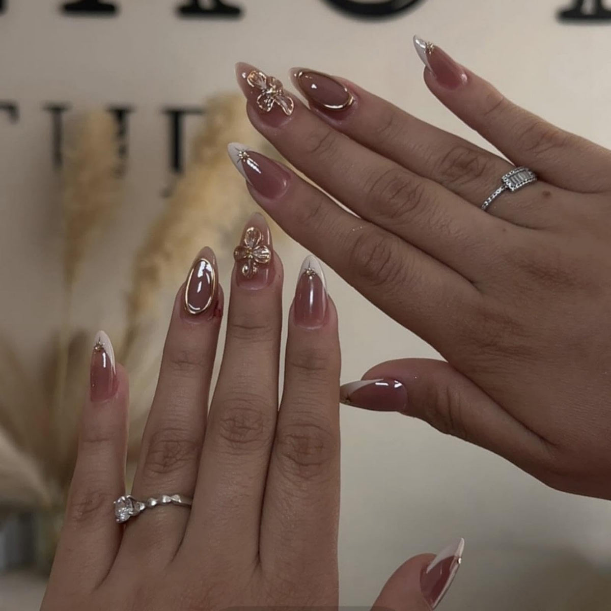 Almond Press on Nails Medium Fake Nails with 5D Metal Lines Charm Design Glossy Pink Nails Press on Curve Glue on Nails Reusable Luxury Silver Beads Acrylic Nail for Women 24Pcs