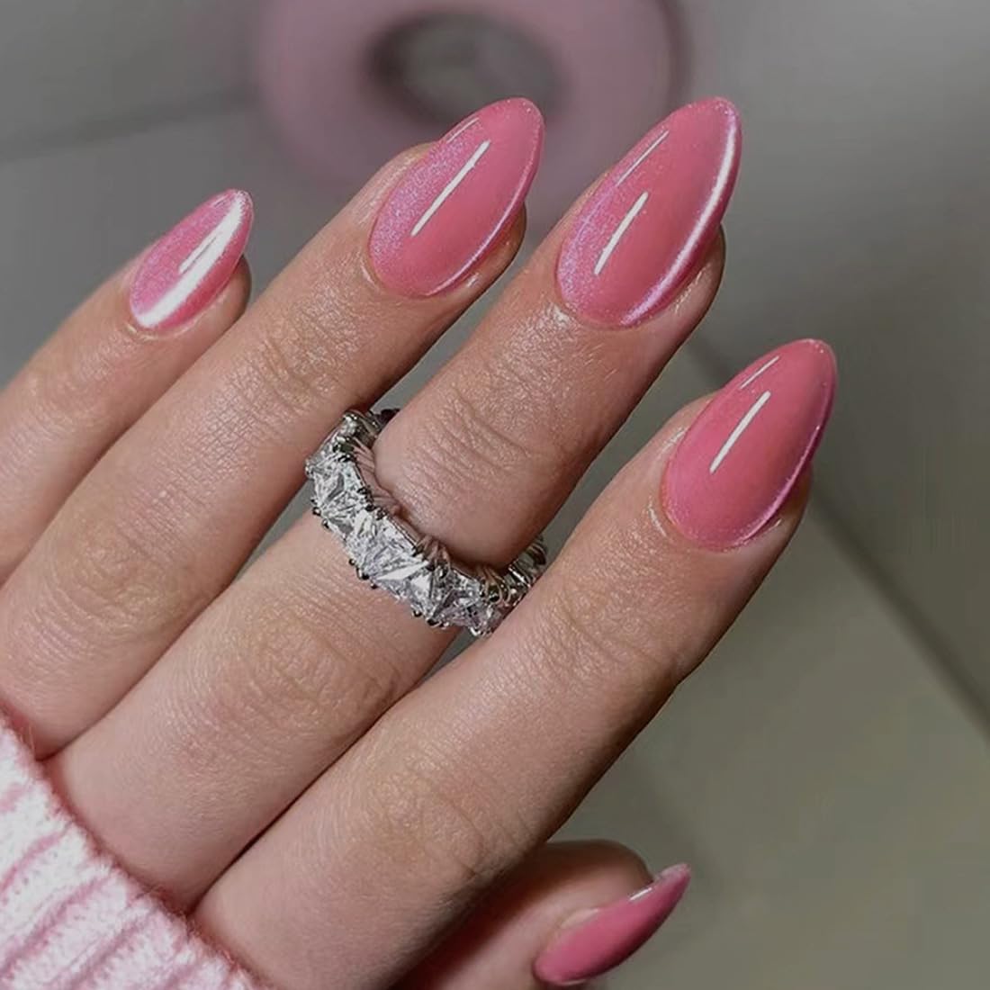 Ombre Almond Press on Nails Pink White Short Medium Fake Nail with Bling Designs Stick on fake on Nail for Wedding Manicure Classy for Women Gel Full Cover 24 Pcs
