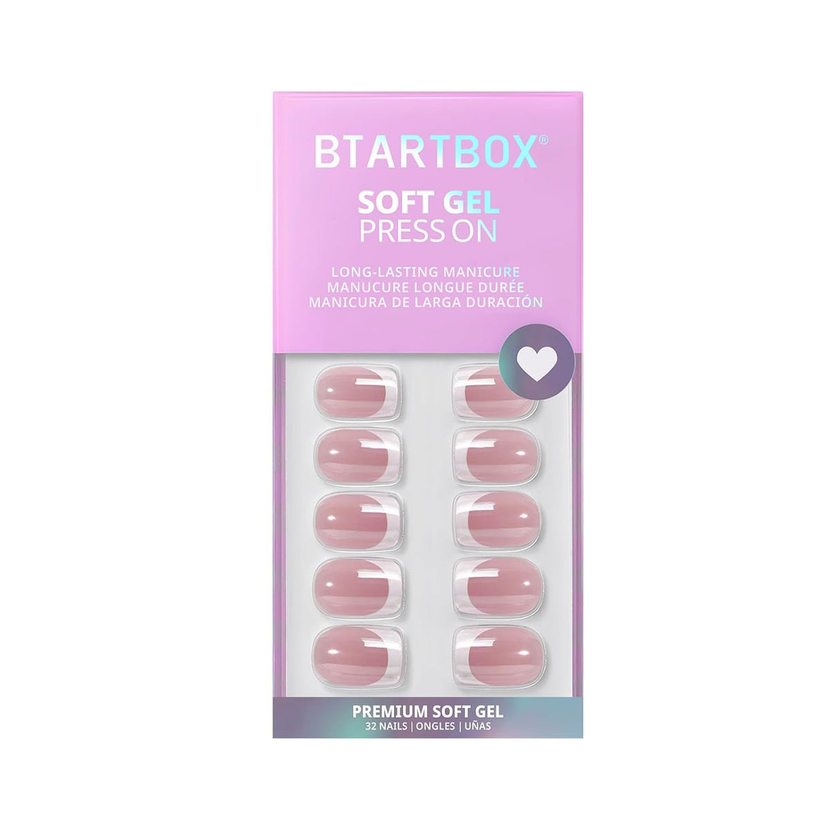 BTArtbox Press On Nails, French Tip Short Square Nails, 32 Pcs Full Kit