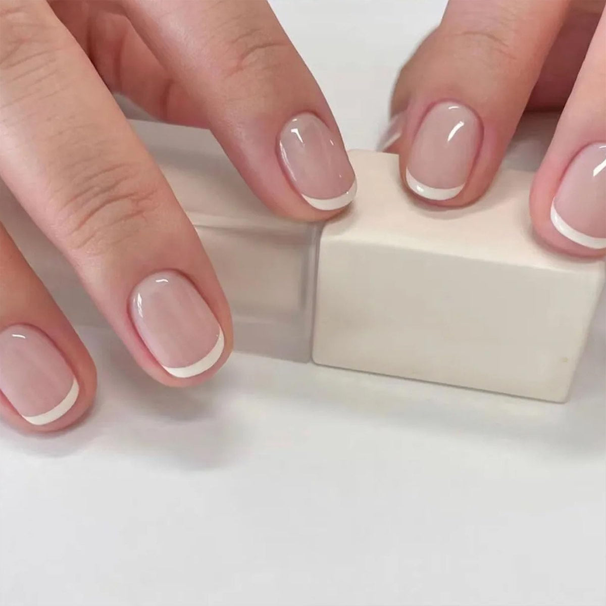 Short Press on Nails Square Nude Ombre Fake Nails Press ons White Glue Stick on Nails with Designs Full Cover Acrylic Glossy Artificial Cute False Nail for Women Girls 24 Pcs