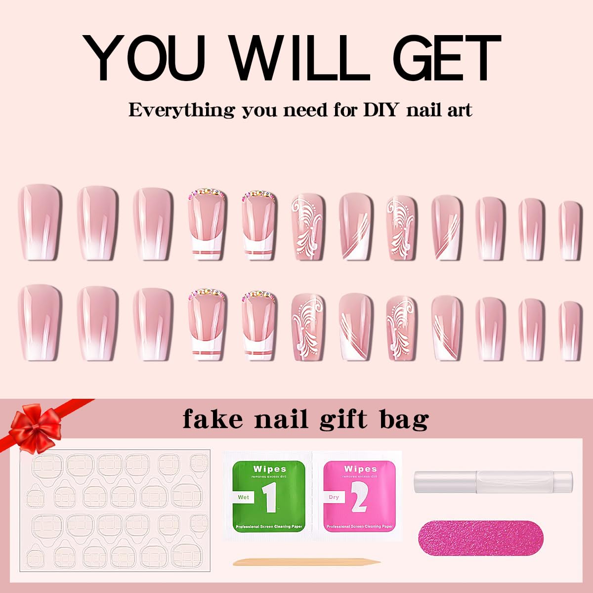 24 Pcs Bling Press on Nails Medium Length With White Flower Glue Glitter Rhinestones Fake Nails Acrylic Ballerina on Nails Press ons Design Coffin French Tip False Nails for Women and Girls