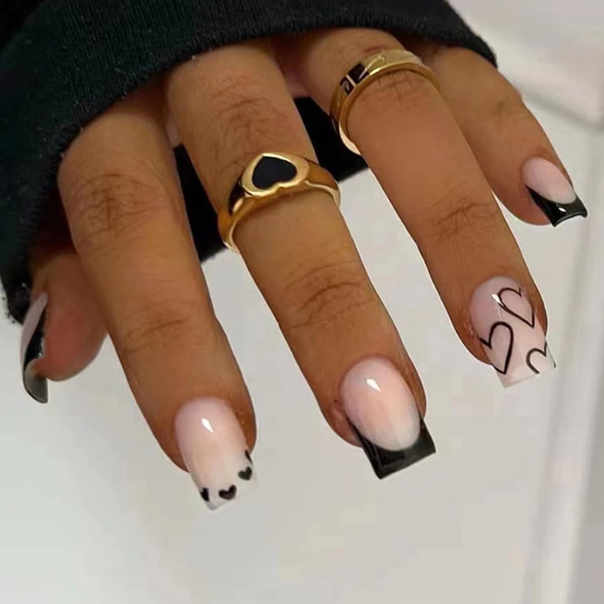 White French Tip Press on Nails Short Fake Nails with Chrome Gold Line Designs French Nails Press ons Nail Tips Stick on Nails Almond Shape Acrylic False Nails Finger Manicure for Women Daily Wear