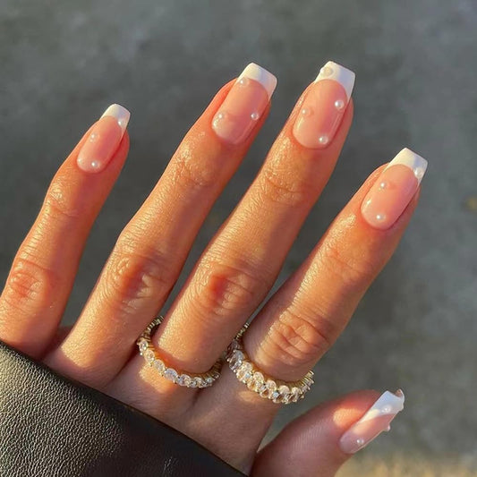 French Tip Press on Nails White Coffin Short Medium Fake Nails with Pearl Design fake nails for Women Gel Acrylic False Nails with Glue Full Cover stick on nail for Wedding Birthday 24Pcs