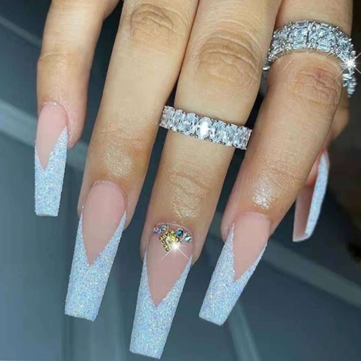 Long Press on Nails Square French Fake Nails Full Cover Nude Acrylic False Nails for Women and Girls 24PCS (Gold Shiny)