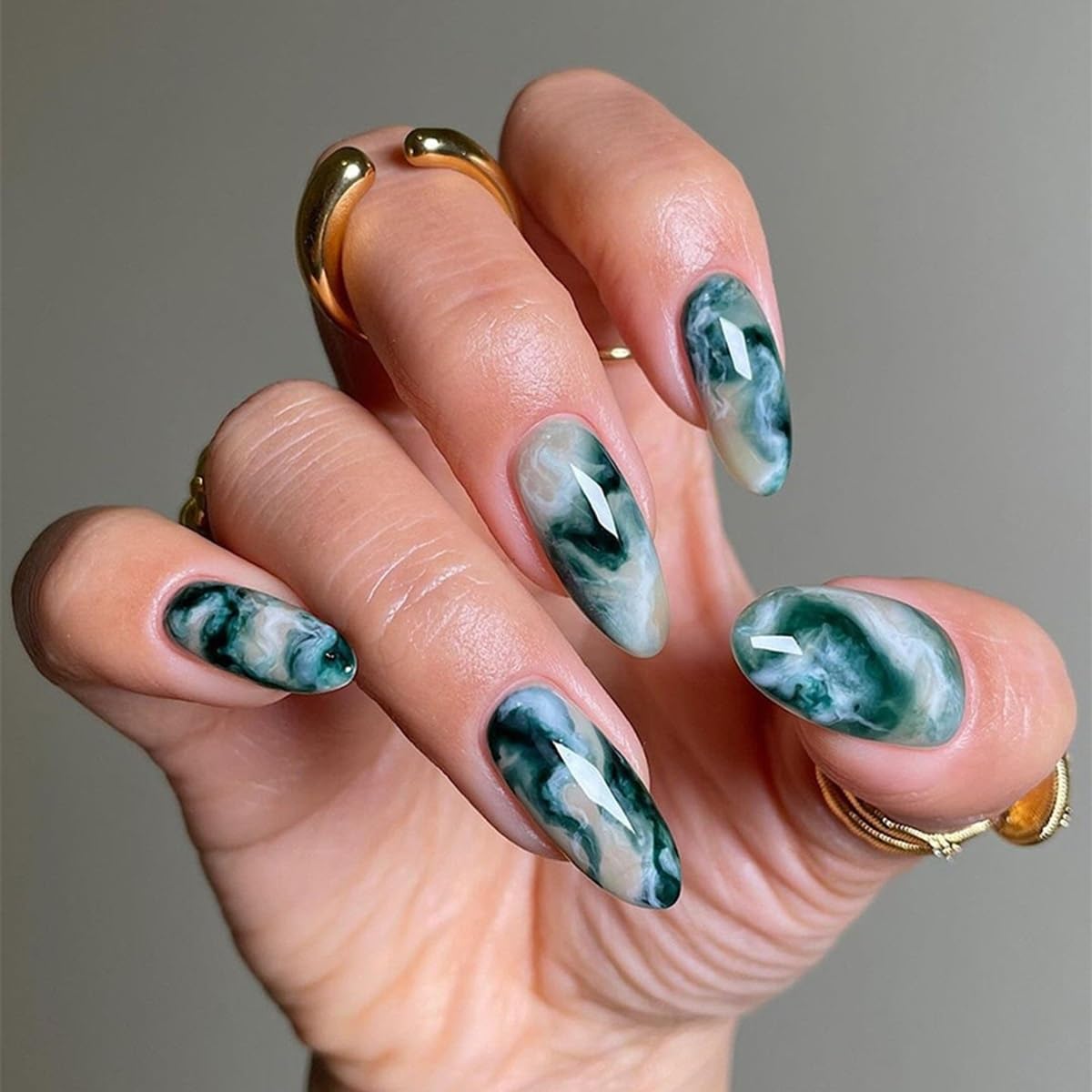 Almond Press on Nails Medium - Fall Fake Nails with Gold Line Design - White Full Cover Stick on False Nails - for Women 24 Pcs