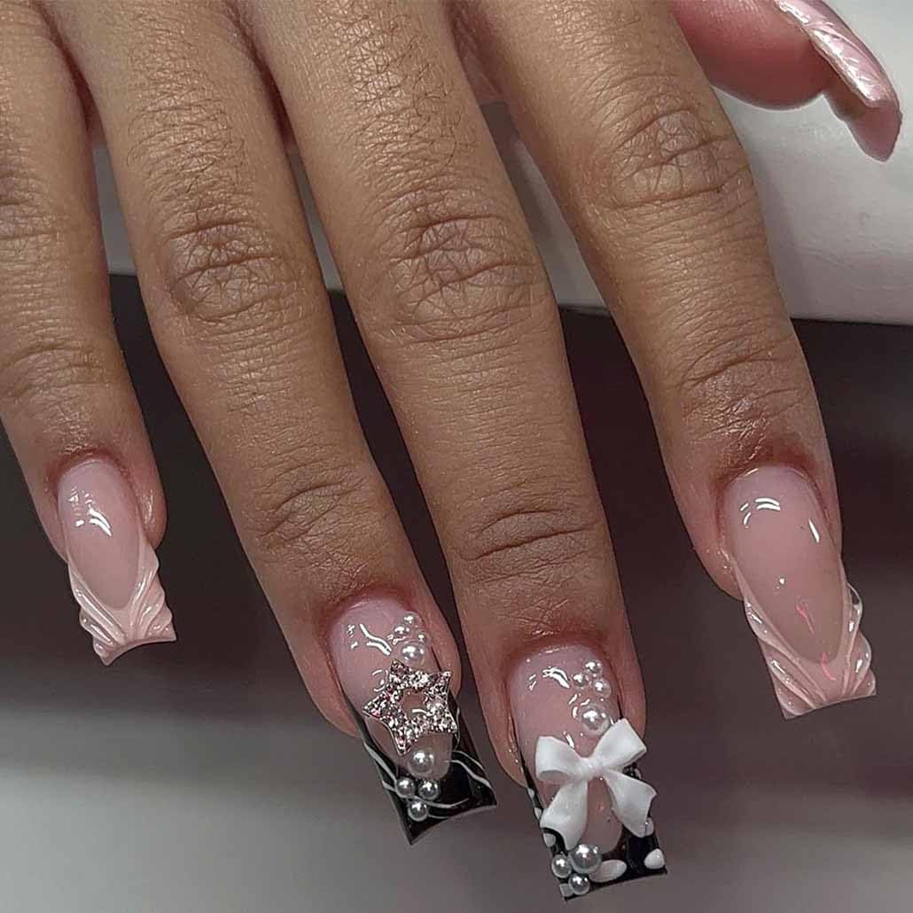 Foccna Press on Nails Almond Fake Nails with Gold Line Design Glue on Nails Acrylic Nails Glossy Full Cover Stick on Nails for Women 24Pcs