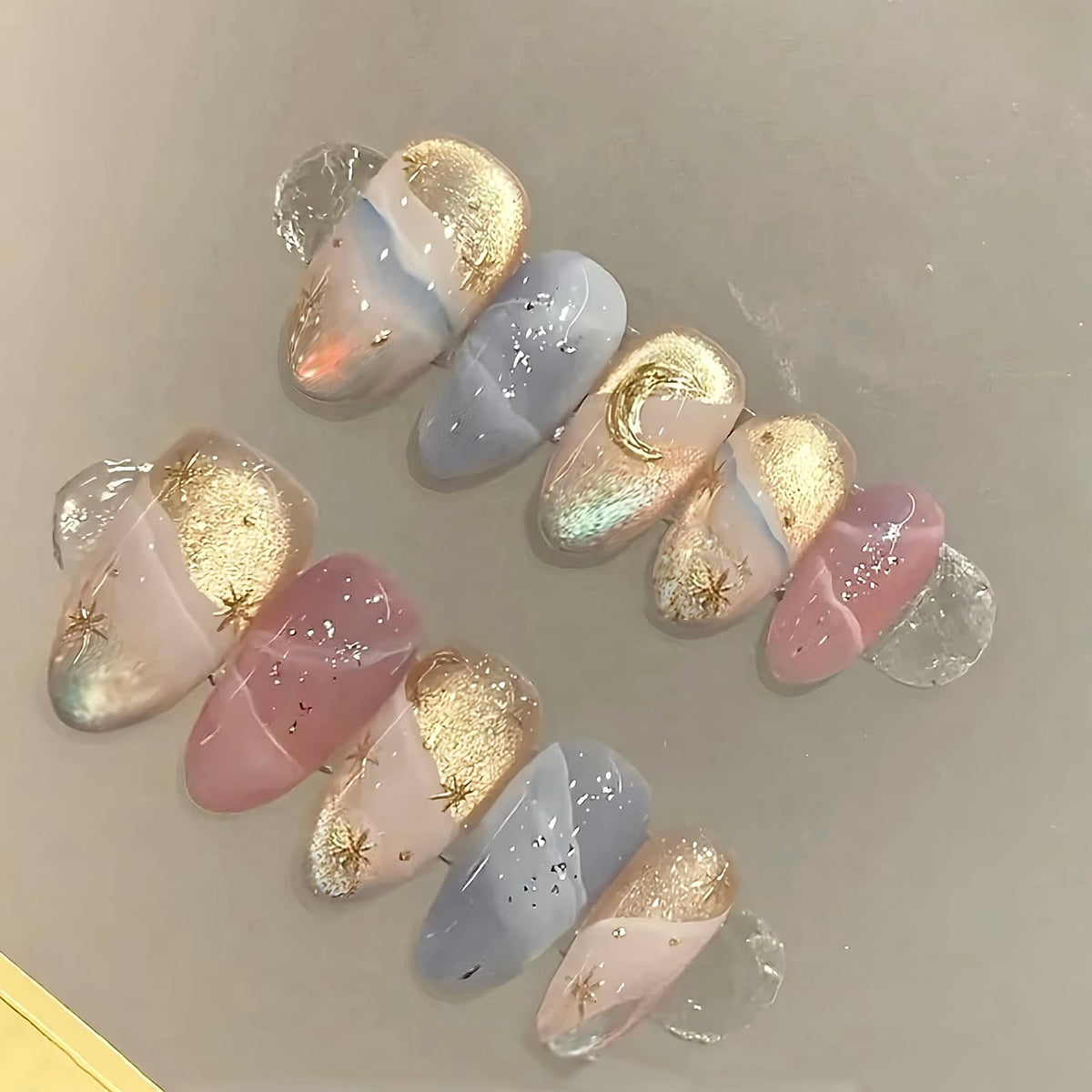 Summer Press on Nails Almond Pink Floral Shell Pearl Gold Dot Fake Women