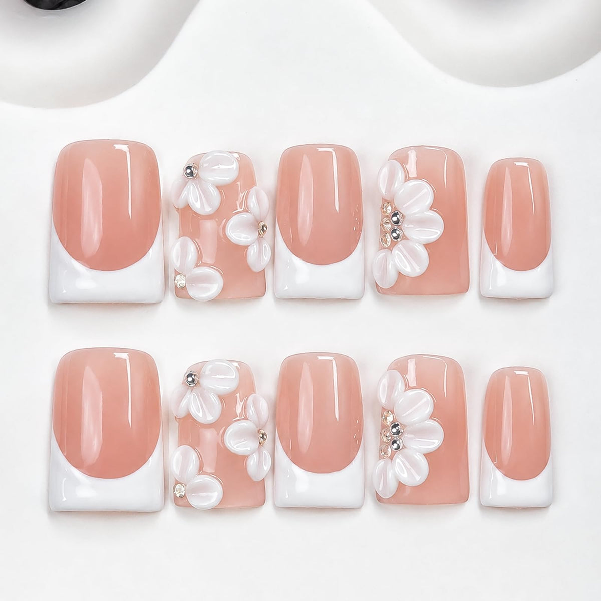 Handmade Press On Nails Short Square Nude 10PCS French Tip Fake Nails with 3D Gold Pearl Charms, Hand Painted Luxury Reusable Stick On Nails for Wedding Bridal Prom(M)
