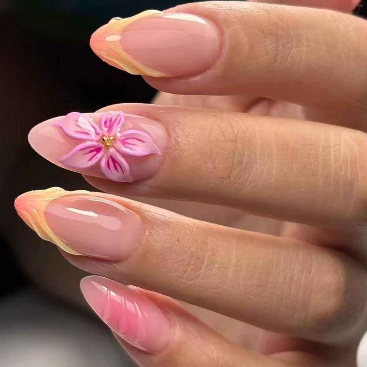 24Pcs Handmade Press on Almond Nails Nude Pink White Gold Flower Fake Nails Pearl False Nails Elegant Summer Nails Glue on Luxurious for Girl Women Stick on Nails Bridal Wedding Formal Events Life