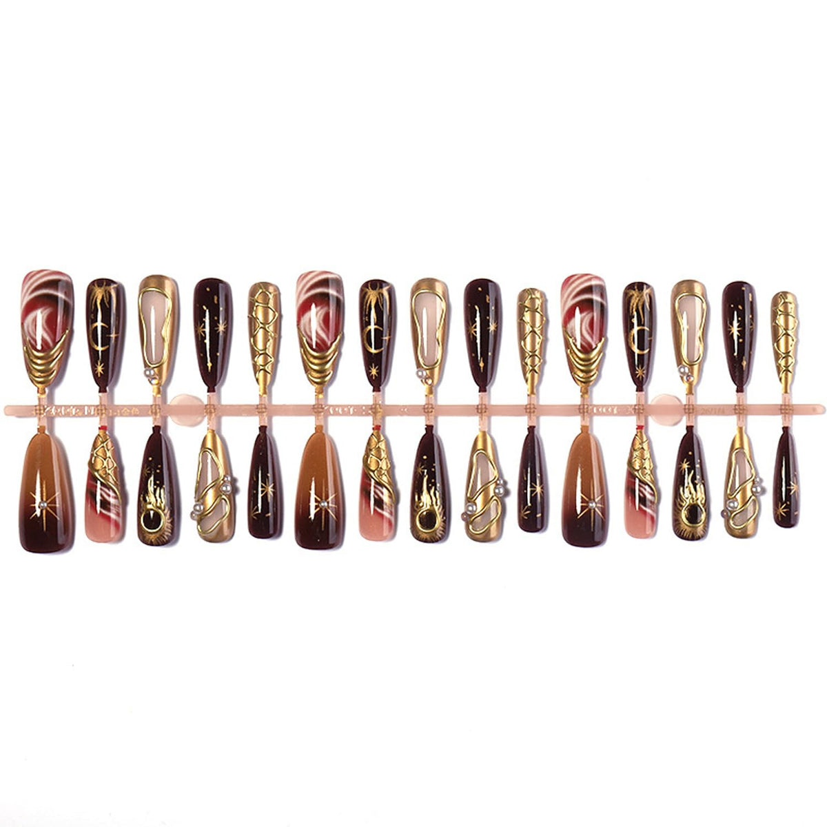 30Pcs Gold Star Moon Press on Nails Long Stiletto French Tip Fake Nails Press on 3D Chrome Gold Design Sun False Nails Irregular Gilded Lines Full Cover Purple Glossy Artificial Acrylic Nail for Women