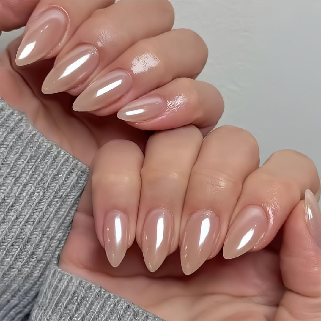White French Tip Press On Nails Almond - KQueenest Chrome Press On Nails Medium, Glazed Natural Light Nude Fake Nails Press on, Reusable Glue on Nails Stick On Nail for Women Bridal Wedding