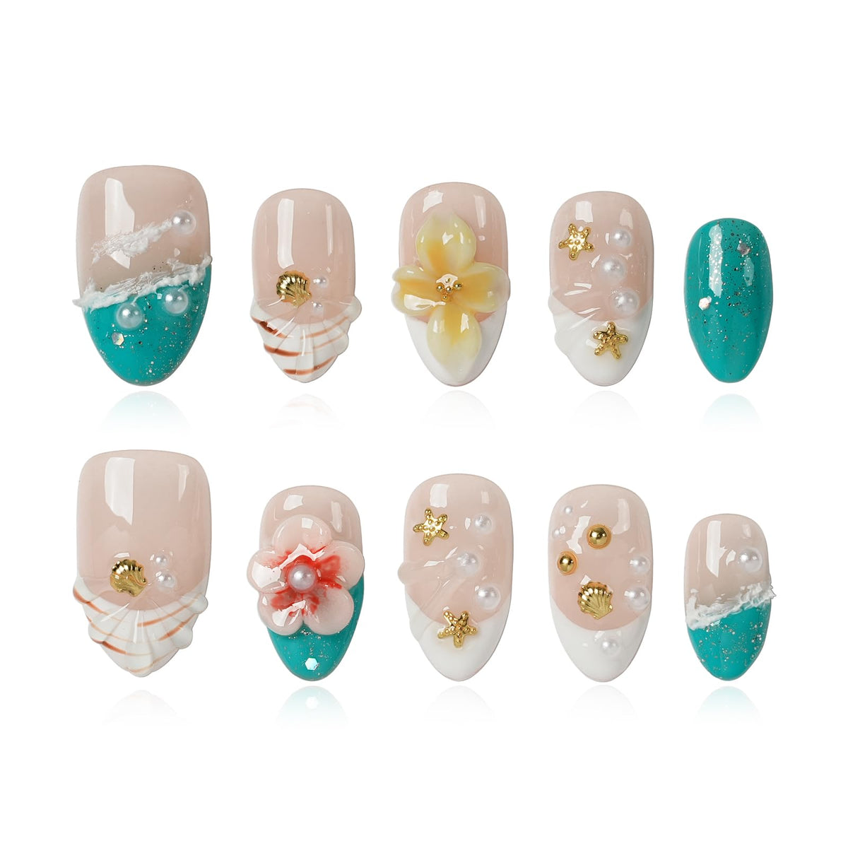 Gothic 3D Floral Press on Nails Medium Almond - Gold Cross & Rhinestone Design, Handmade Pearl Luxury Dark Romantic Reusable Nails (Orange Diamond Sweet Luxury,L)