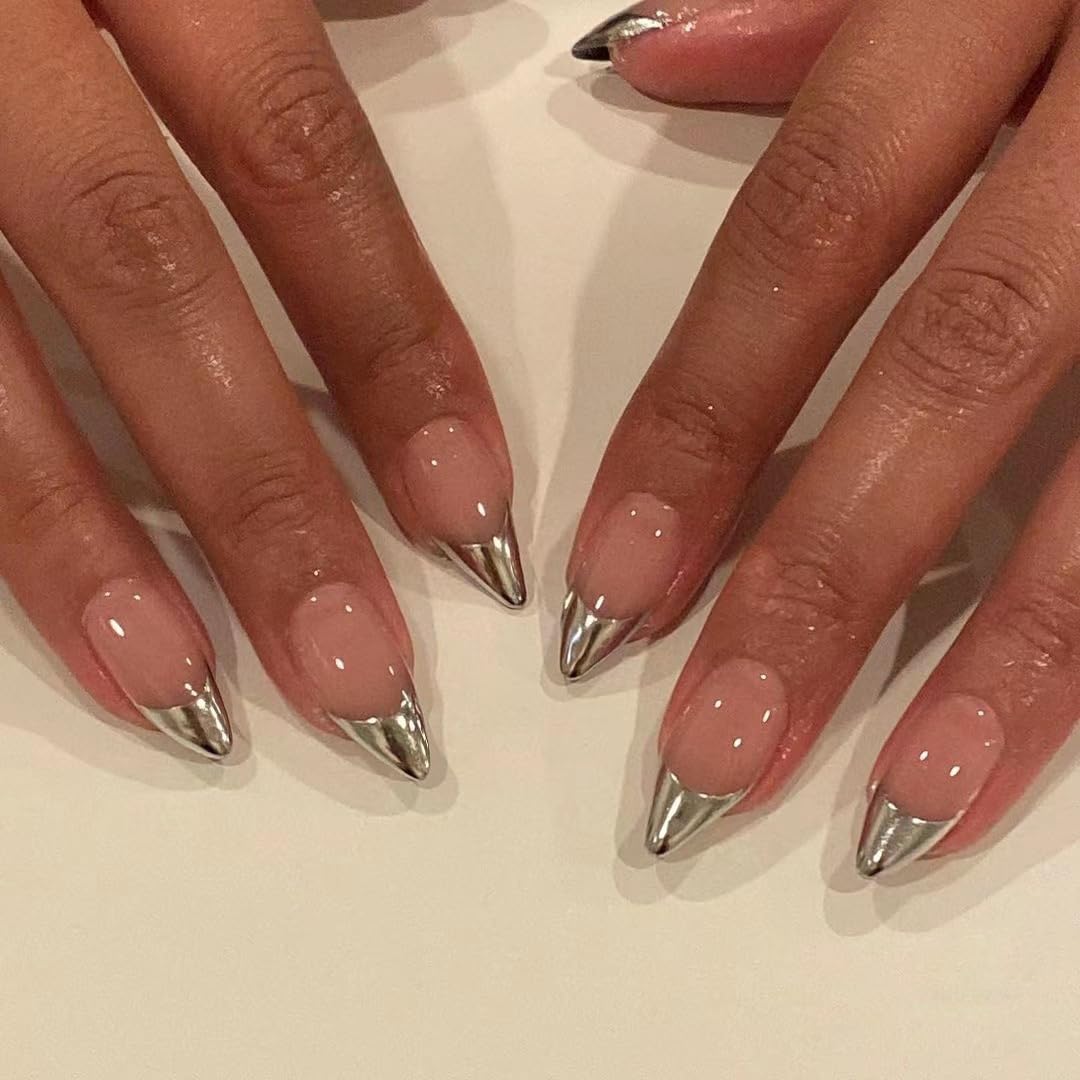 White French Tip Press On Nails Almond - KQueenest Chrome Press On Nails Medium, Glazed Natural Light Nude Fake Nails Press on, Reusable Glue on Nails Stick On Nail for Women Bridal Wedding