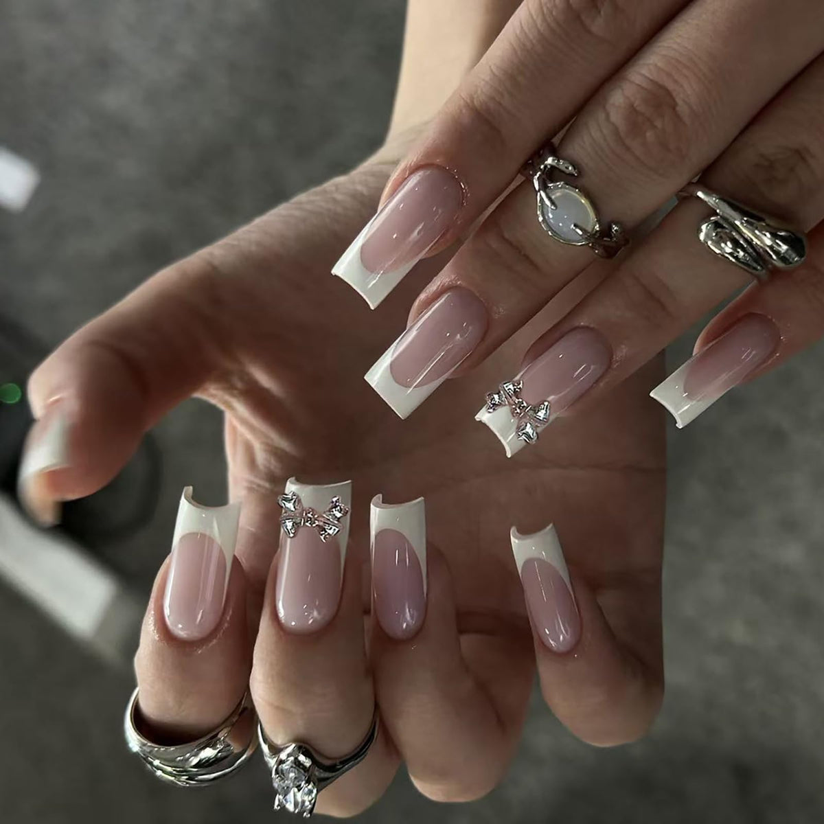 24Pcs Long Square Nude Pink White Nails Press ons Pearl Gold Flower Fake Nails Elegant False Nails Bridal Nails Glue on Luxurious Stick on Nails Casual Work for Girl Women Wedding Formal Occasions