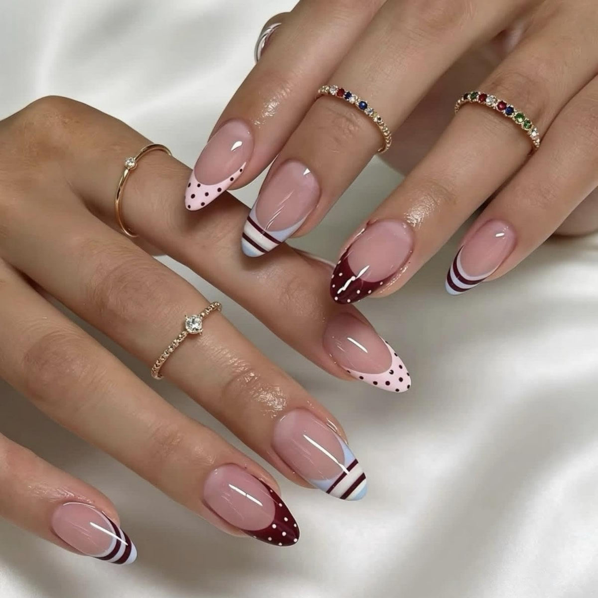 Medium Almond Pink 3D Twist French Tips Rhinestone Press On Nails