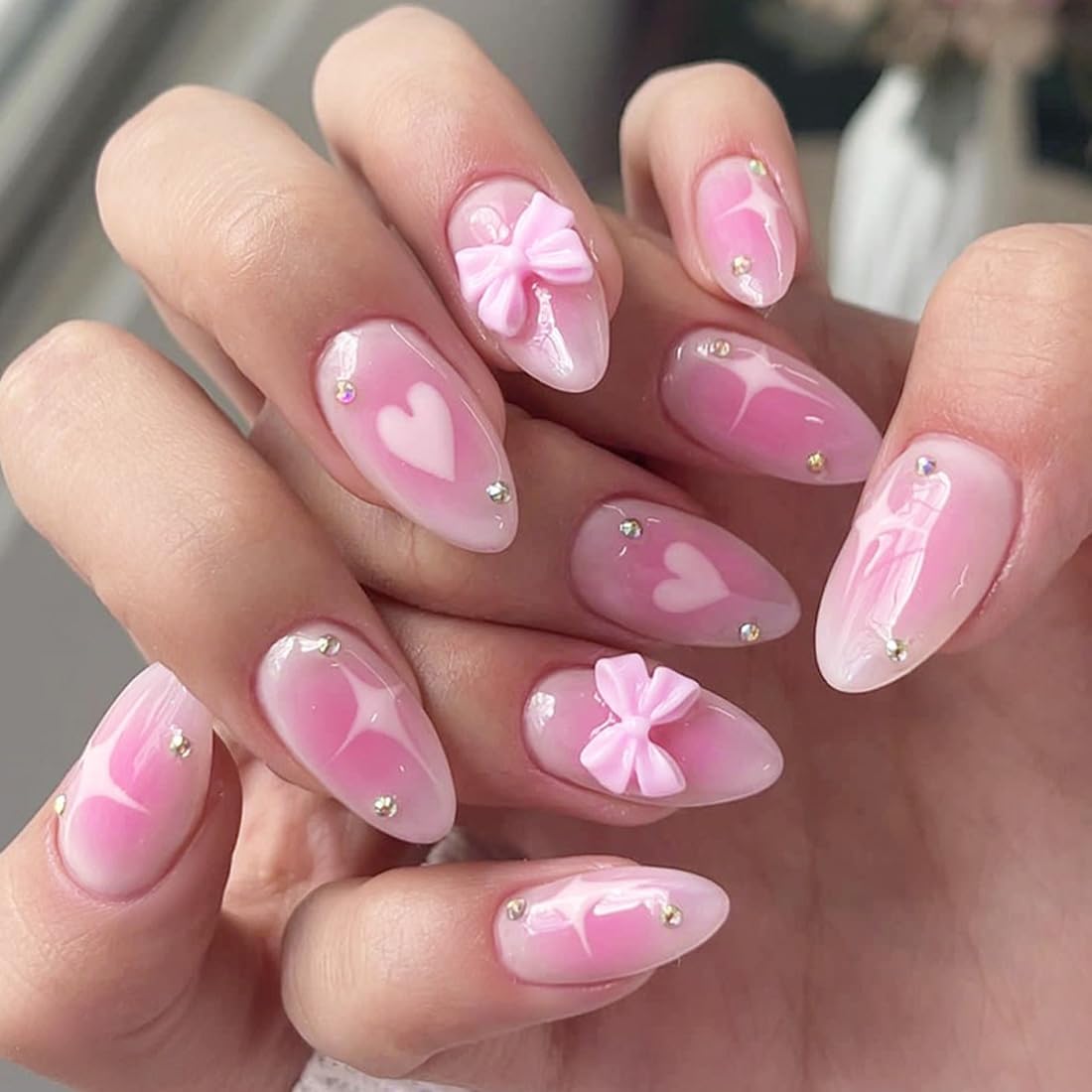 Ombre Almond Press on Nails Pink White Short Medium Fake Nail with Bling Designs Stick on fake on Nail for Wedding Manicure Classy for Women Gel Full Cover 24 Pcs