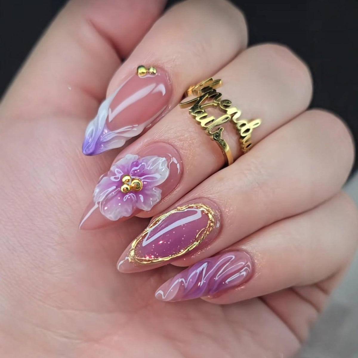 24Pcs White French Tip Press on Nails Medium Almond Fake Nails with Silver Rhinestones with Nude Pink Full Cover Glue on Nails French Designs 3D Flower False Nails Cute Spring Stick on Nails for Women