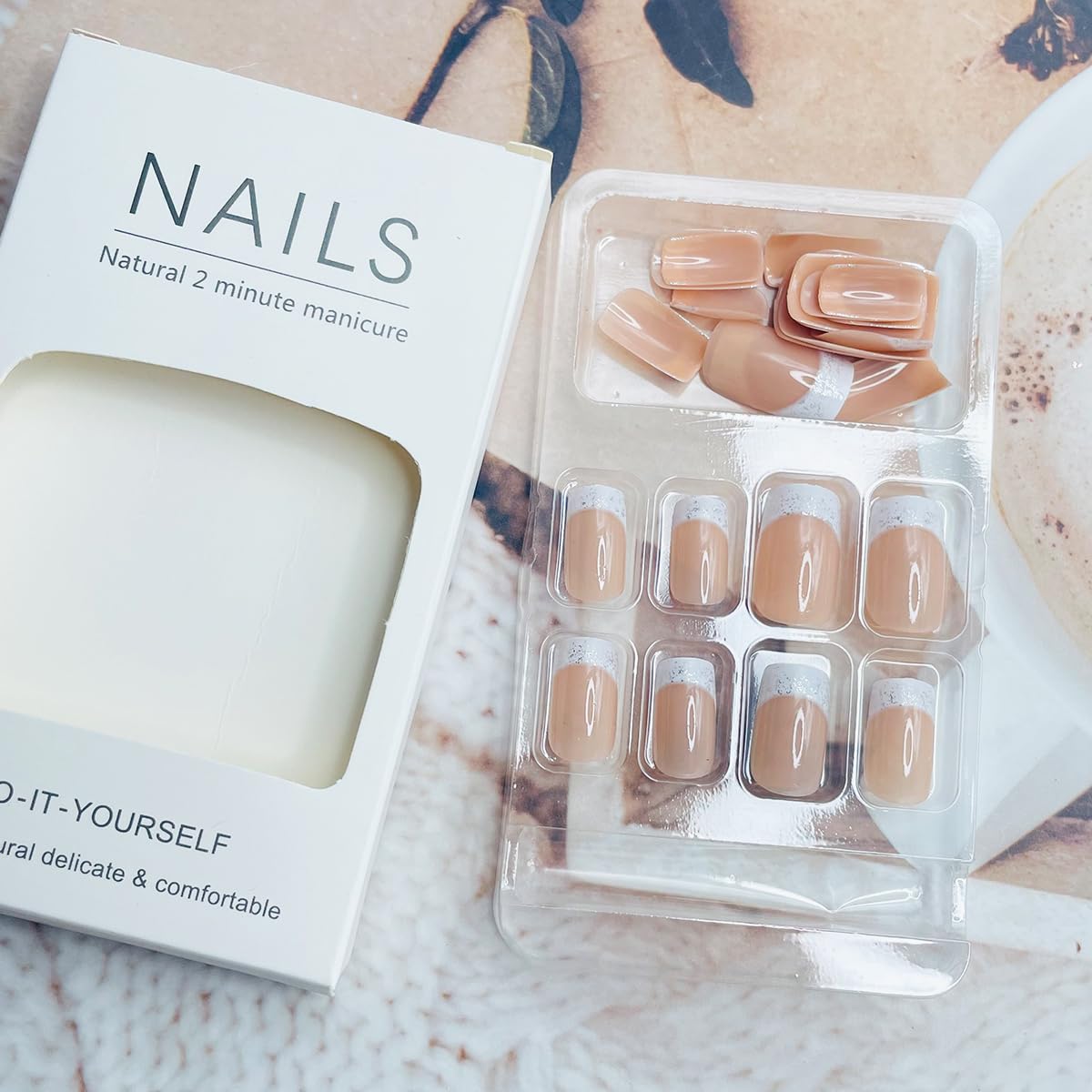 24Pcs French Tip Press On Nails Medium Square Glitter Acrylic Nails with White Gradient Design Glossy False Nails Reusable Nude Stick On Nails for Women Manicure Decor Supplies