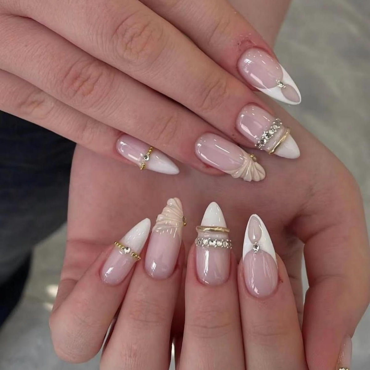 Medium Almond Pink 3D Twist French Tips Rhinestone Press On Nails